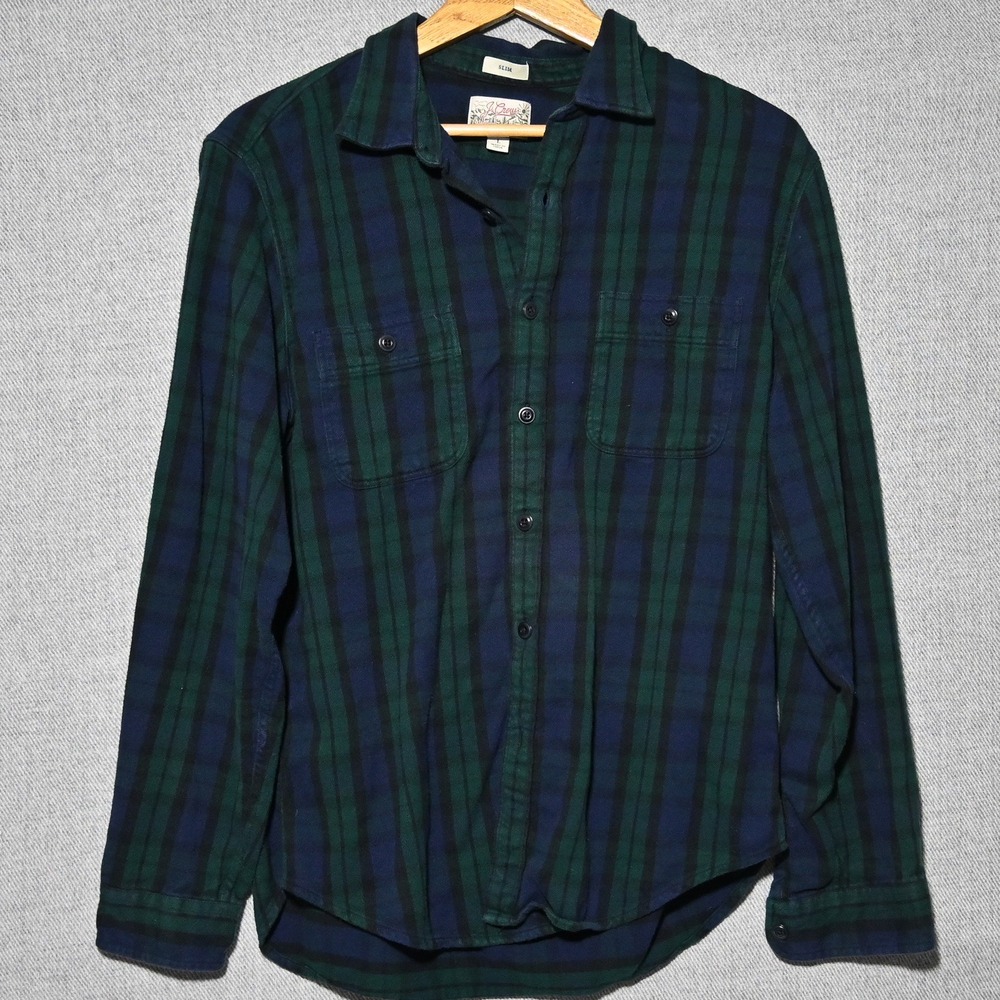 J.Crew Flannel Shirt Mens Slim Fit Double Brushed India Large Green Blue Plaid